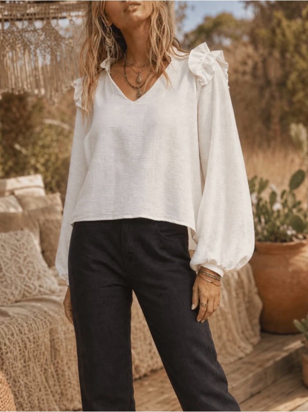 Women's V-Neck Ruffle Shoulder Long-Sleeve Top - White